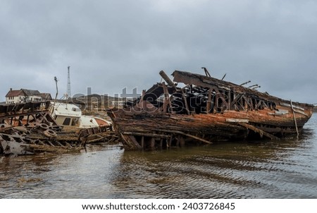 Ship Graveyard, abandoned ghost-town Dal'nie Zelentsy, Murmansk region, Far north, Russia, Arctic