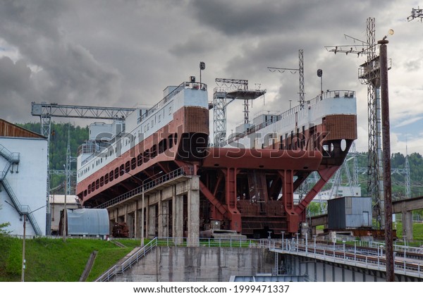 Ship lift of Krasnoyarsk hydroelectric power\
station. Industrial\
background