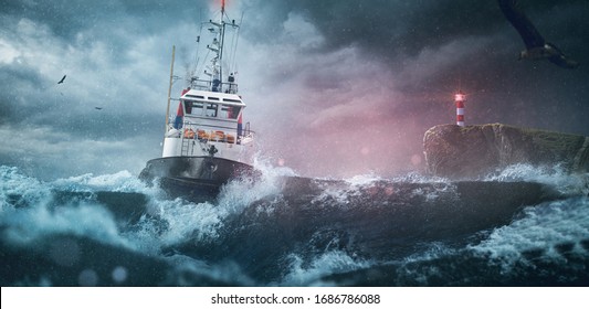 Ship lighthouse storm waves sea - Shutterstock ID 1686786088