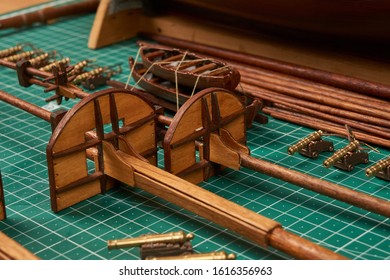 Ship Model Building In Progress. Assembly Of Ship Model From Wood