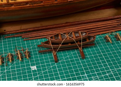 Ship Model Building In Progress. Assembly Of Ship Model From Wood