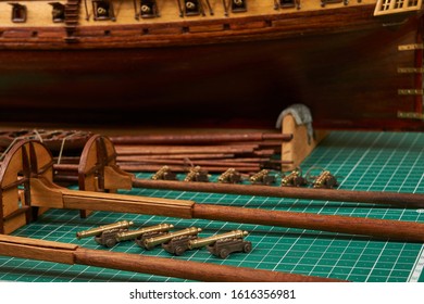 Ship Model Building In Progress. Assembly Of Ship Model From Wood