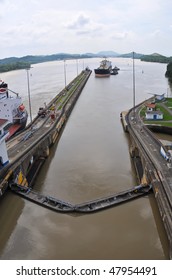 Ship Passes Through The Panama Channel Locks