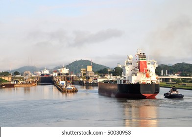 Ship Passes Through The Panama Channel Canal Locks