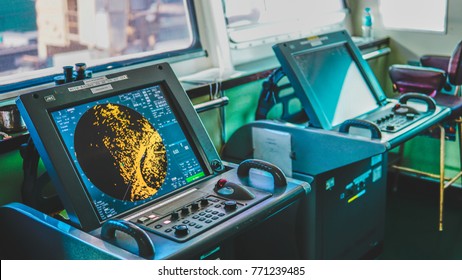 Ship Radar Inside Bridge Room. Shim Control Room Bridge Monitor. Navy Map Yellow Monitor