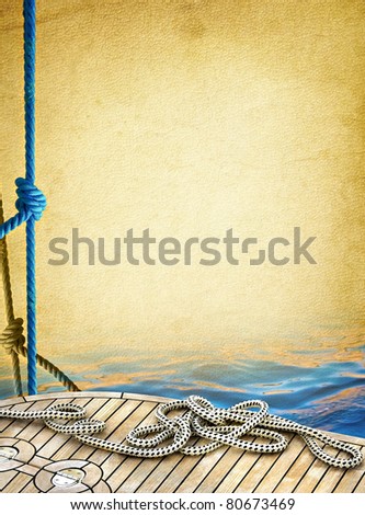 Ship rope on the old paper background. Sailboat ropes and wooden deck of the sea - vintage textured background. Marine design frame with elements of yachting.
