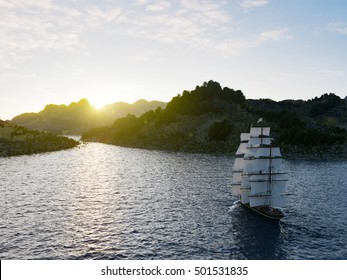 Ship Sailing In Rough Seas Close Up On Sunset Background