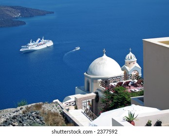 A Ship In Santorini Doing A Cruise On The Greek Islands