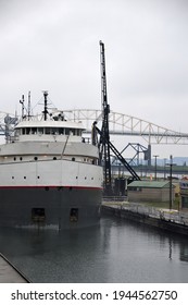 Ship In Soo Locks At St. Marys River In Sault Ste. Marie In Michigan