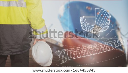 Ship sub-designer or shipbuilder in drydock with ships bow on a background. Ship design, ship buiding, construction and vessel architecture concepts. Great design for shipbuilding business.