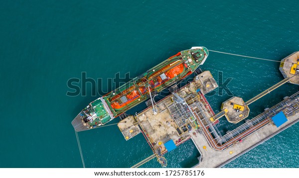 Ship tanker gas LPG, Aerial view Liquefied\
Petroleum Gas (LPG) tanker, Tanker ship logistic and transportation\
business oil and gas industry, Loading arm oil and gas offshore\
platforms.