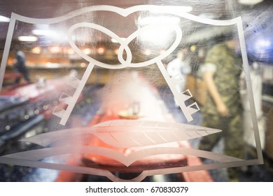 Ship Tour USS Kearsarge (LHD 3) Wasp-class Amphibious Assault Ship: Two Keys Etched On Plexiglass Divider In Mess Hall. Fleet Week NEW YORK MAY 25 2017.