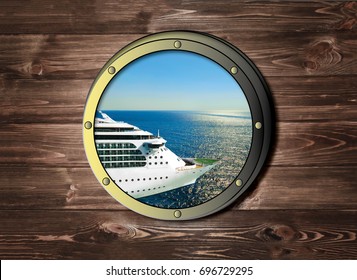 The Ship Window With Sea Or Ocean And Cruise Liner. Travel And Adventure Concept.