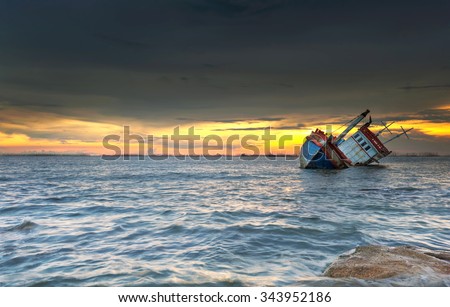ship wrecked at sunset in Chonburi ,Thailand 