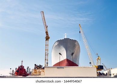 Shipbuilding Industry: Ship Construction In A Shipyard. Machinery: Naval Cranes. Naval Production.