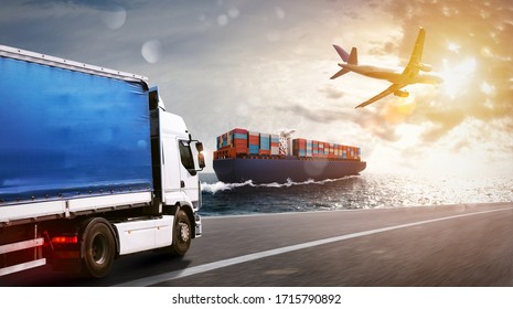 Shipment Of Goods By Sea, By Land And By Air With Cargo Ship, Truck And Airplane