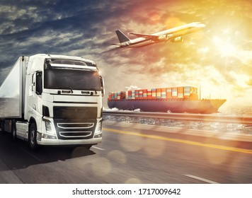 Shipment of goods by sea, by land and by air with cargo ship, truck and airplane at sunset - Shutterstock ID 1717009642