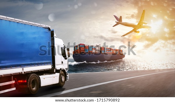Shipment of goods by sea, by land and by air\
with cargo ship, truck and\
airplane