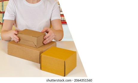 Shipment of goods. Order shipment process. Several boxes on desktop. Concept of shipment from online store. Copy space in hands of man. Preparing boxes for logistics. Fulfillment process.