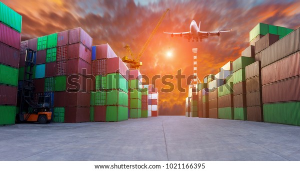 shipping  cargo by airplane for\
express way on container yard port concept cargo freight\
shipping.