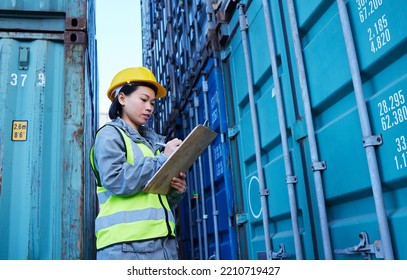 Shipping, Cargo And Stock Container With Woman Reading Checklist For Ecommerce Delivery Logistics At Warehouse. Supply Chain, Distribution And Industrial Management By Asian Manager At A Factory