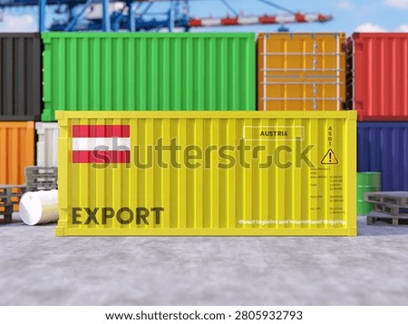 Shipping container with flag of Austria placed in front of stacked shipping containers