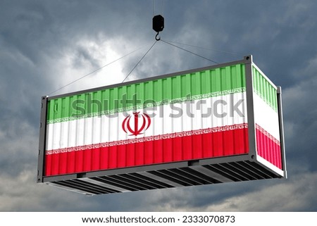 Shipping container hanging with Iran flag, cloud background