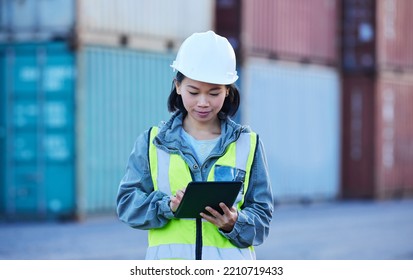 Shipping, Container And Logistics Management By Woman On Digital Tablet Stock And Cargo Checklist Supply Chain. Factory, Industry And Delivery By Asian Woman Check Warehouse Ecommerce Online Order