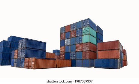 Shipping Container Stack On White Background Isolate For Cargo Transportation Wide Angle View 