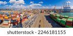 Shipping containers, Cargo Ship  And New Imported Cars in Port facilities in Ashdod, Israel, Containers before Loading In Ashdod Ports. Israel  Panoramic Shot Of Ashdod Port, Aerial View