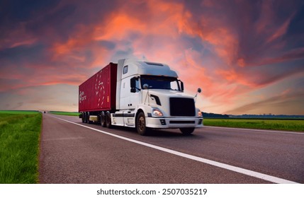 Shipping Containers Delivery, Maritime, Transport logistics. American Big rig Semi Truck transport sea container on highway. Shipping, Import - Export. Freight shipping by big rig long haul truck.