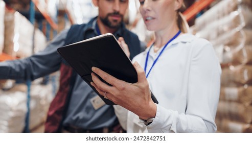 Shipping, distribution and team with tablet in warehouse for stock inspection, inventory check or freight logistics. Export, checklist and people talking for delivery, supply chain or quality control - Powered by Shutterstock