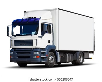 Shipping Industry, Logistics Transportation And Cargo Freight Transport Industrial Business Commercial Concept: White Delivery Truck Or Container Auto Car Trailer Isolated On White Background