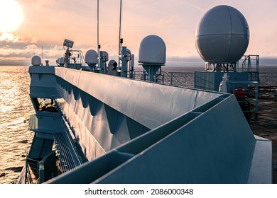 Ships Antenna And Navigation System In A Clear Blue Sky.