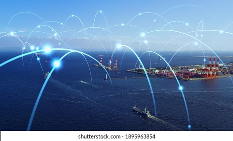 Ships and communication network concept. maritime traffic.