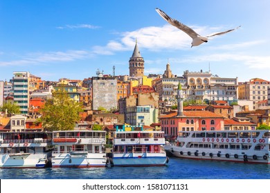 Ships Near The Karakoy Pier In Istanbul, Turkey