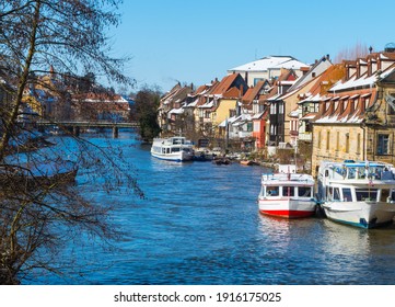 Ships On River Regnitz Bamberg Winter