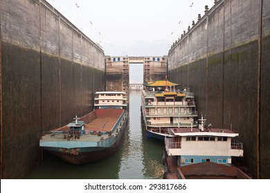 Ships Rising In The Lock At Three Gorges Dam