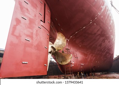 Ship's Rudder And Propeller In Drydock