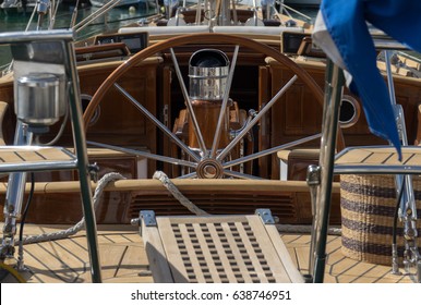 Ship's Wheel, Rudder Marine Vintage On An Old Sailboat. Nautical Detail