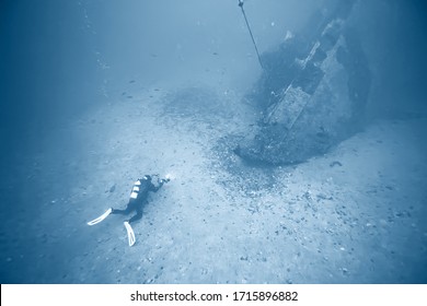 Shipwreck Diving Landscape Under Water, Old Ship At The Bottom, Treasure Hunt