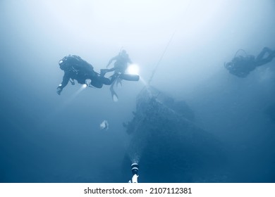 Shipwreck Diving Landscape Under Water, Old Ship At The Bottom, Treasure Hunt