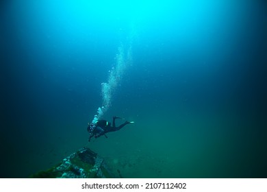 Shipwreck Diving Landscape Under Water, Old Ship At The Bottom, Treasure Hunt