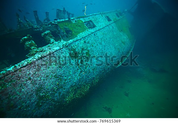 shipwreck,\
diving on a sunken ship, underwater\
landscape