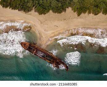 Shipwreck On The Beach. Aerial Photo