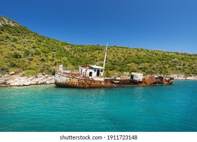 A shipwreck on the west coast of the uninhabited island of Peristera in the Northern Sporades opposite Alonissos - Shutterstock ID 1911723148
