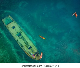 Shipwreck at Tobermory with kayakers, aerial view, Ontario, Canada