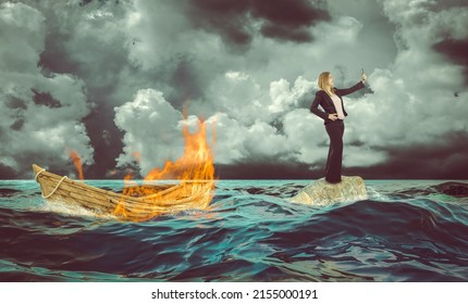 shipwrecked woman takes a selfie with the burning boat