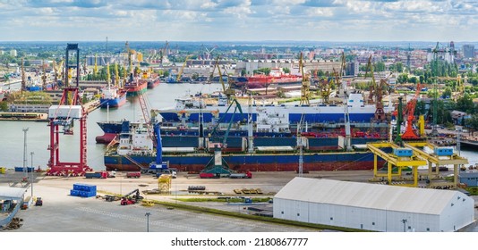 Shipyard, Aerial Landscape Of Ships In Docks