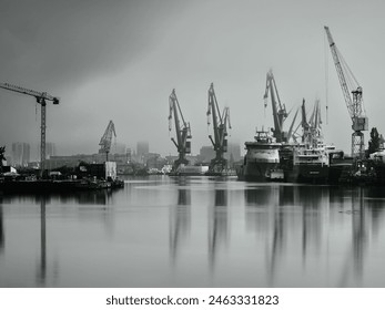 Gdańsk Shipyard in the fog, black and white, Baltic coast - Powered by Shutterstock